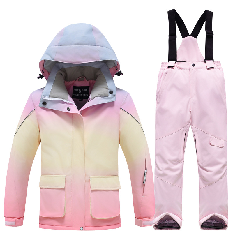 Outdoor Sport Waterproof Jacket - ชุดกันหนาวเด็กผู้หญิงแบบมีฮู้ด เสื้อ กางเกง ชุดสกีสำหรับเด็ก ชุดเล่นกีฬากลางแจ้ง ชุดกันหิมะสำหรับเด็ก