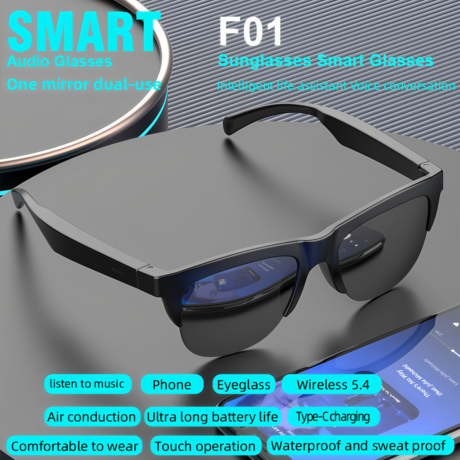 Outdoor Sport Glasses - ใหม่สมาร์ทบลูทูธ V5.3 แว่นตากันแดดแว่นตาโทรออกกำลังกายกลางแจ้งหูฟังไฮไฟเทคโนโลยีสีดำป้องกันการสัมผัส UV สำหรับผู้ชายและผู้หญิง