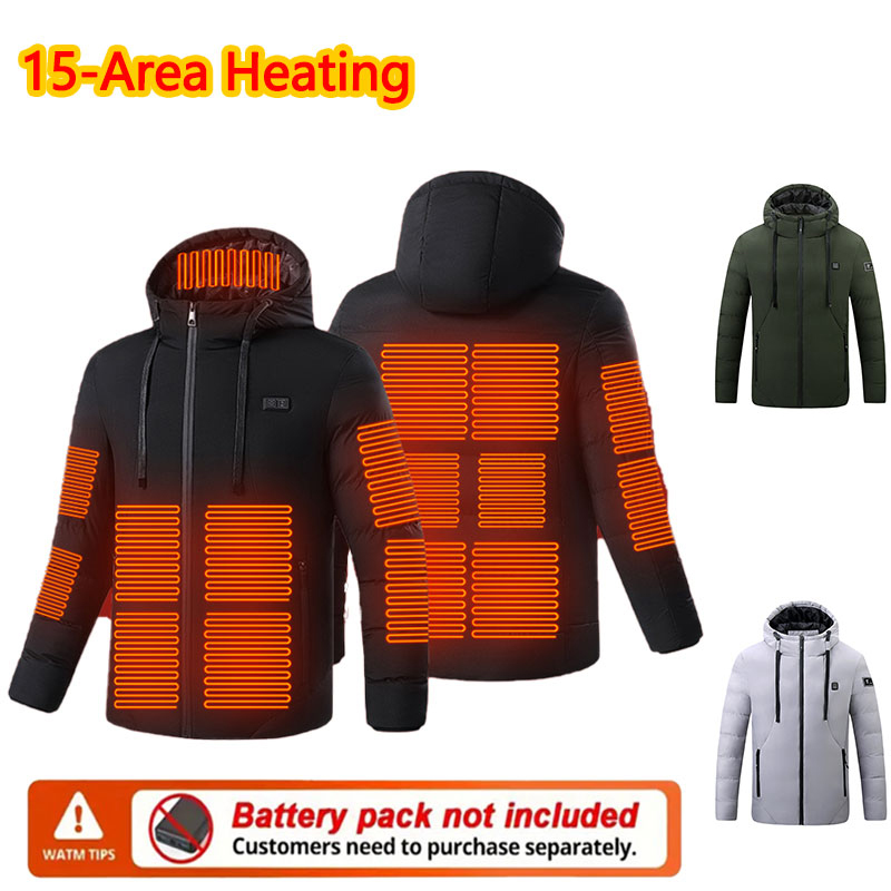 Outdoor Sport Area - เสื้อแจ็คเก็ตมีฮู้ดให้ความร้อน 15 จุด สำหรับผู้ชายและผู้หญิง เสื้อแจ็คเก็ตอุ่นสำหรับเล่นกีฬากลางแจ้ง เสื้อโค้ทมีฮู้ดกันความหนาว