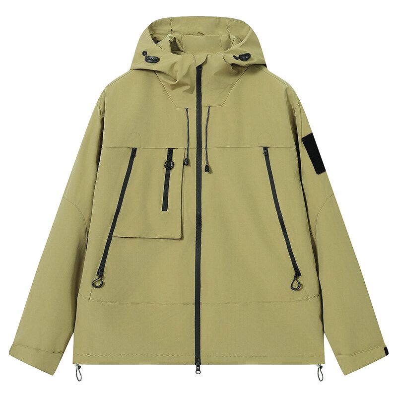 Outdoor Sport Waterproof Jacket - เสื้อแจ็คเก็ตเดินป่าสำหรับผู้ชาย ทนทานต่อการสึกหรอ มีกระเป๋าหลายช่องแบบซิป เสื้อโค้ทกันลมสำหรับกีฬากลางแจ้ง สไตล์ลำลองแบบสตรีทแวร์ พร้อมฮู้ดปรับเชือกได้